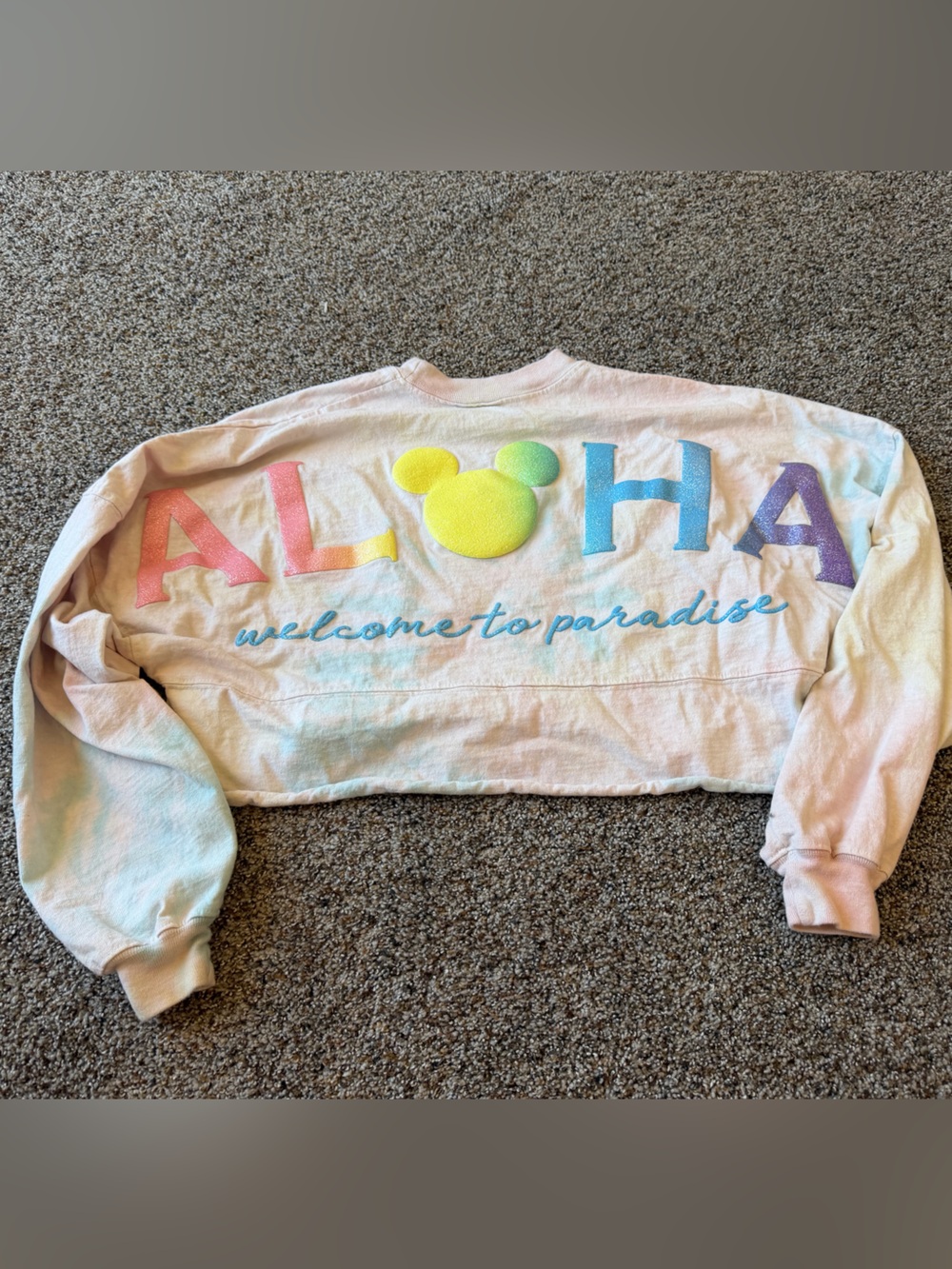Disney Aulani Aloha Spirit Jersey XS Pastel Tie Dye Cropped Rainbow Glitter